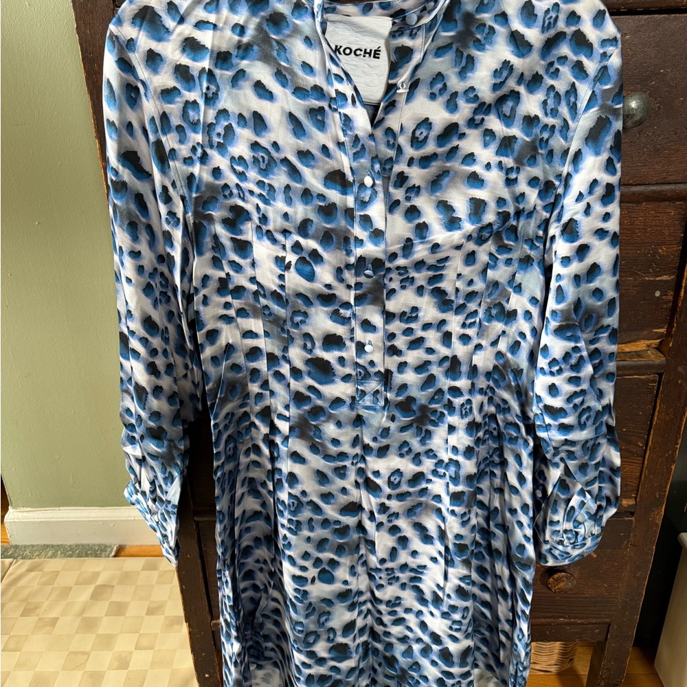 Koche Blue Leopard Print Button-Up Dress